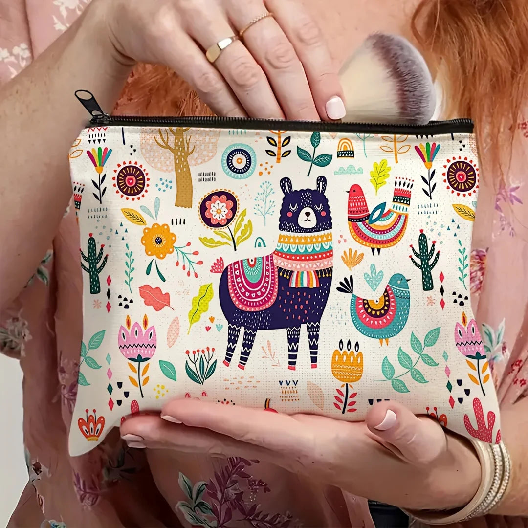 1pc Whimsical Animal Print Makeup Bag - Large Capacity Travel Cosmetic Organizer with Zipper Closure, Cute Llama &amp; Designs Petoria Store
