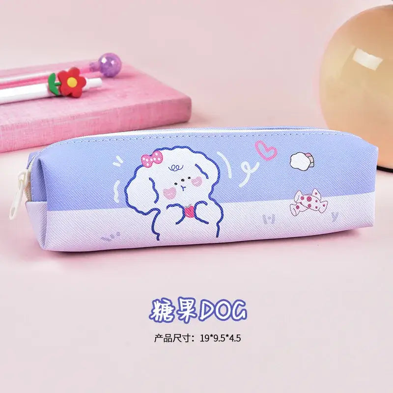 Light purple pencil case with adorable dog illustration, featuring hearts and bows, made of fabric for storing pens and school accessories.