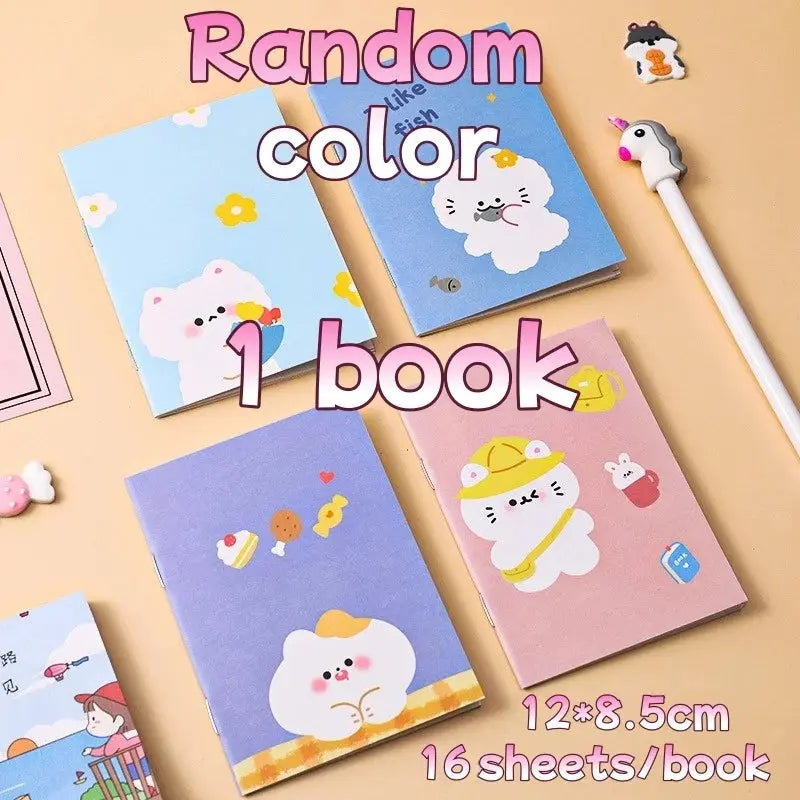 Kawaii Cartoon Mini-Notizbücher in verschiedenen Farben, süße Motive und 16 Seiten pro Buch, perfekt für kreative Notizen.